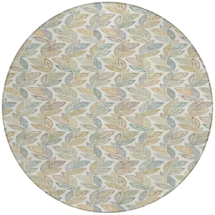 8' Ivory And Beige Round Botanical Leaves Washable Indoor Outdoor Area Rug Photo 3