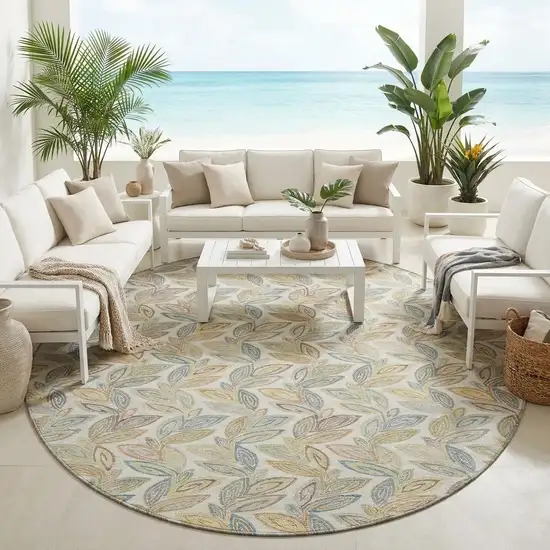 8' Ivory And Beige Round Botanical Leaves Washable Indoor Outdoor Area Rug Photo 1