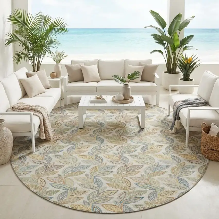 8' Ivory And Beige Round Botanical Leaves Washable Indoor Outdoor Area Rug Photo 1