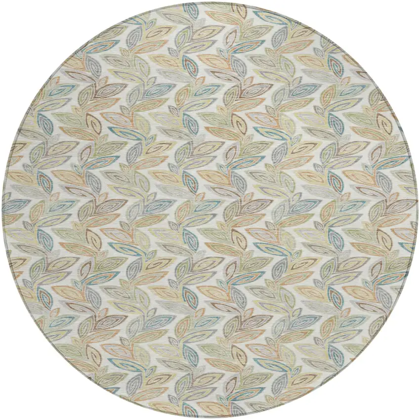 8' Ivory And Beige Round Botanical Leaves Washable Indoor Outdoor Area Rug Photo 2