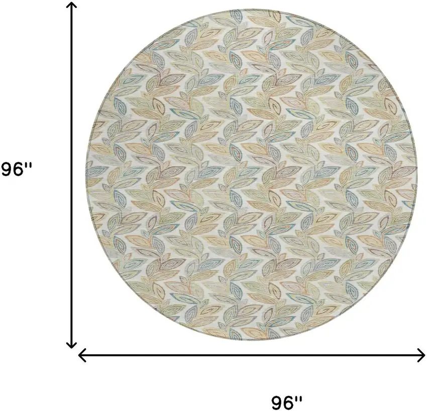 8' Ivory And Beige Round Botanical Leaves Washable Indoor Outdoor Area Rug Photo 8
