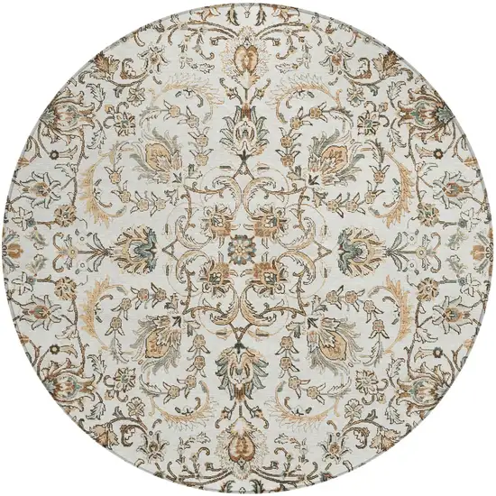 8' Ivory And Beige Round Botanical Leaves Washable Indoor Outdoor Area Rug Photo 1