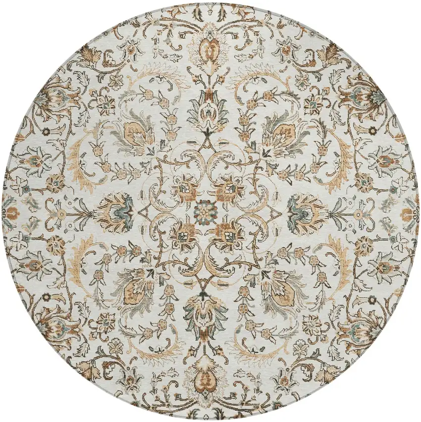 8' Ivory And Beige Round Botanical Leaves Washable Indoor Outdoor Area Rug Photo 1