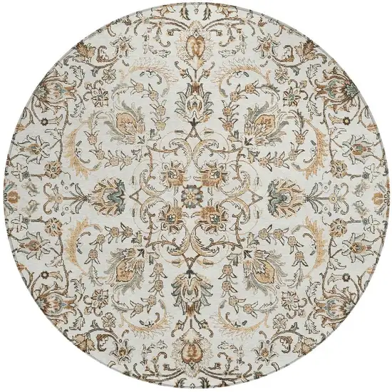8' Ivory And Beige Round Botanical Leaves Washable Indoor Outdoor Area Rug Photo 3