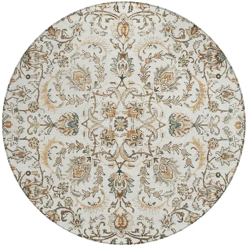 8' Ivory And Beige Round Botanical Leaves Washable Indoor Outdoor Area Rug Photo 3