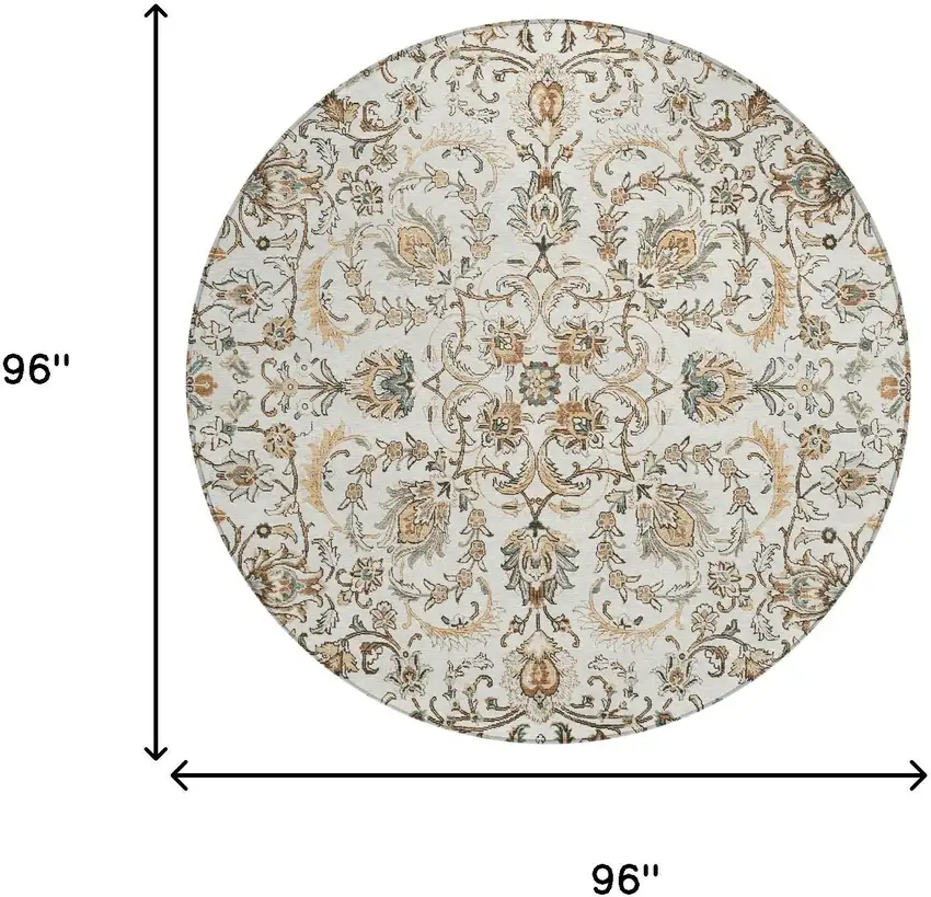 8' Ivory And Beige Round Botanical Leaves Washable Indoor Outdoor Area Rug Photo 6