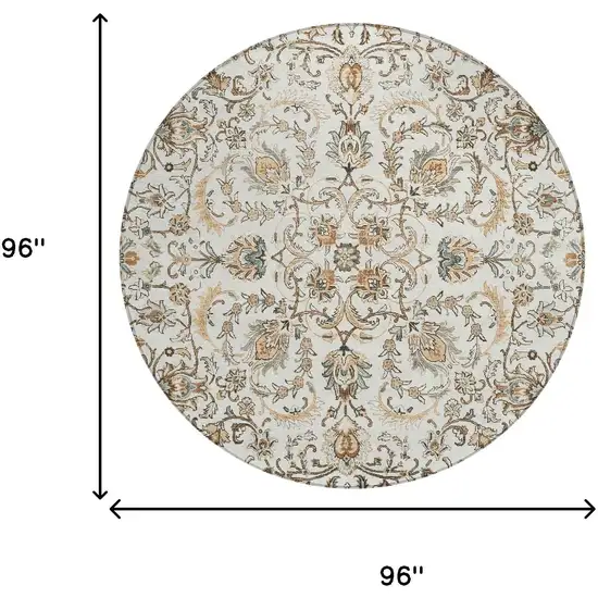 8' Ivory And Beige Round Botanical Leaves Washable Indoor Outdoor Area Rug Photo 6