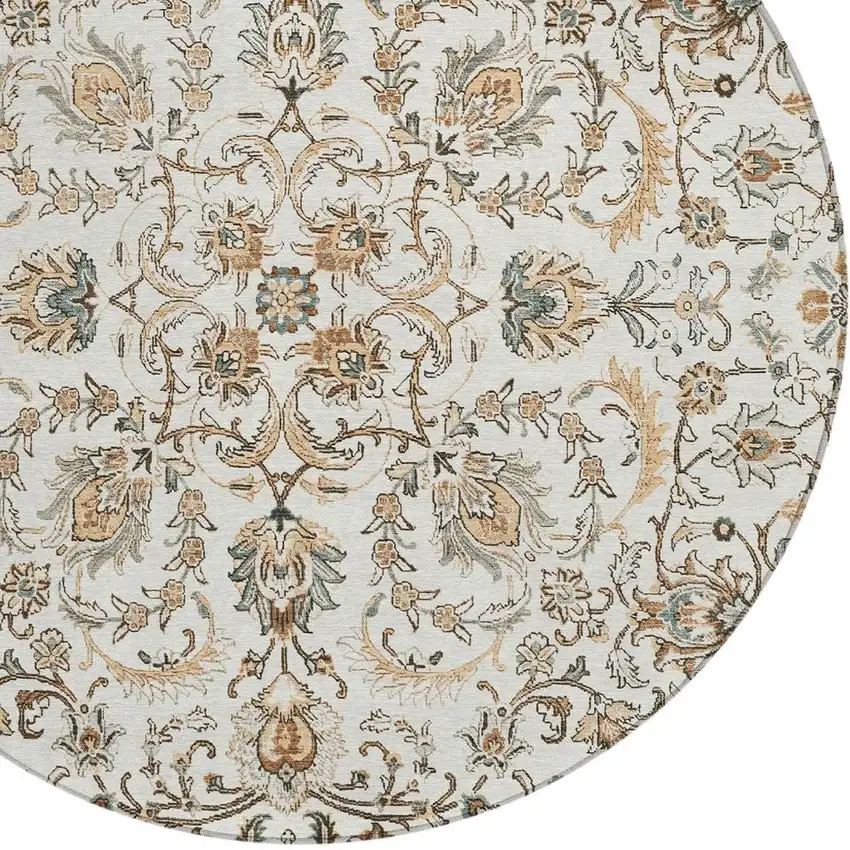 8' Ivory And Beige Round Botanical Leaves Washable Indoor Outdoor Area Rug Photo 2