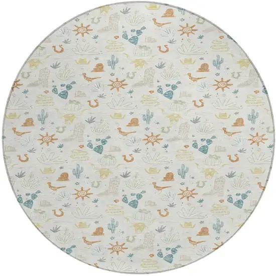 8' Ivory And Beige Round Cactus Washable Indoor Outdoor Area Rug Photo 2