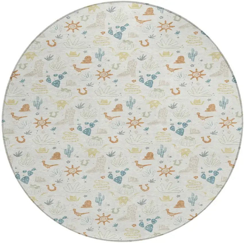 8' Ivory And Beige Round Cactus Washable Indoor Outdoor Area Rug Photo 2