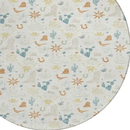 8' Ivory And Beige Round Cactus Washable Indoor Outdoor Area Rug Photo 3