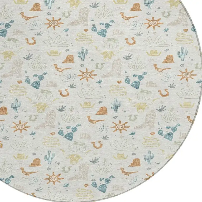 8' Ivory And Beige Round Cactus Washable Indoor Outdoor Area Rug Photo 3