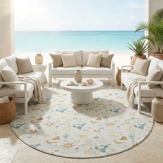 8' Ivory And Beige Round Cactus Washable Indoor Outdoor Area Rug Photo 1