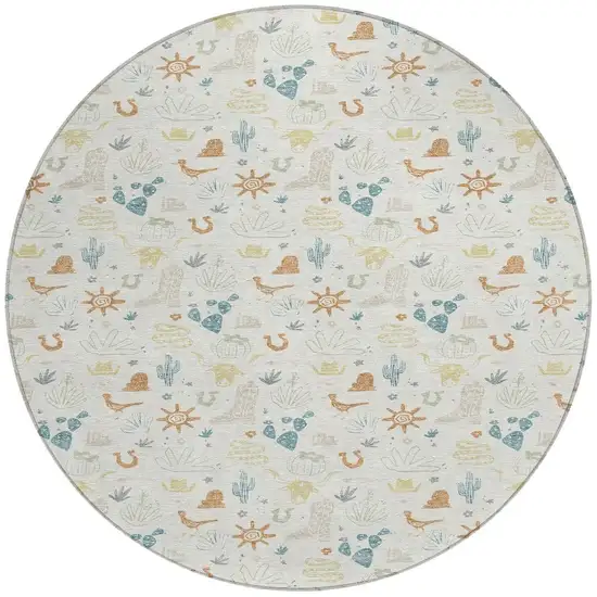 8' Ivory And Beige Round Cactus Washable Indoor Outdoor Area Rug Photo 4