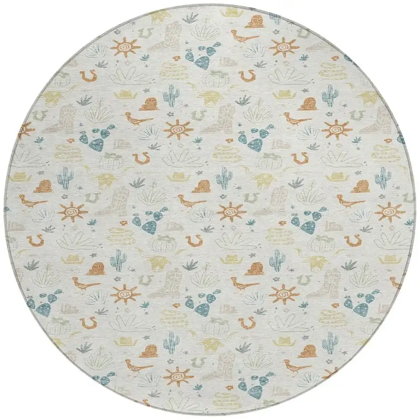 8' Ivory And Beige Round Cactus Washable Indoor Outdoor Area Rug Photo 4