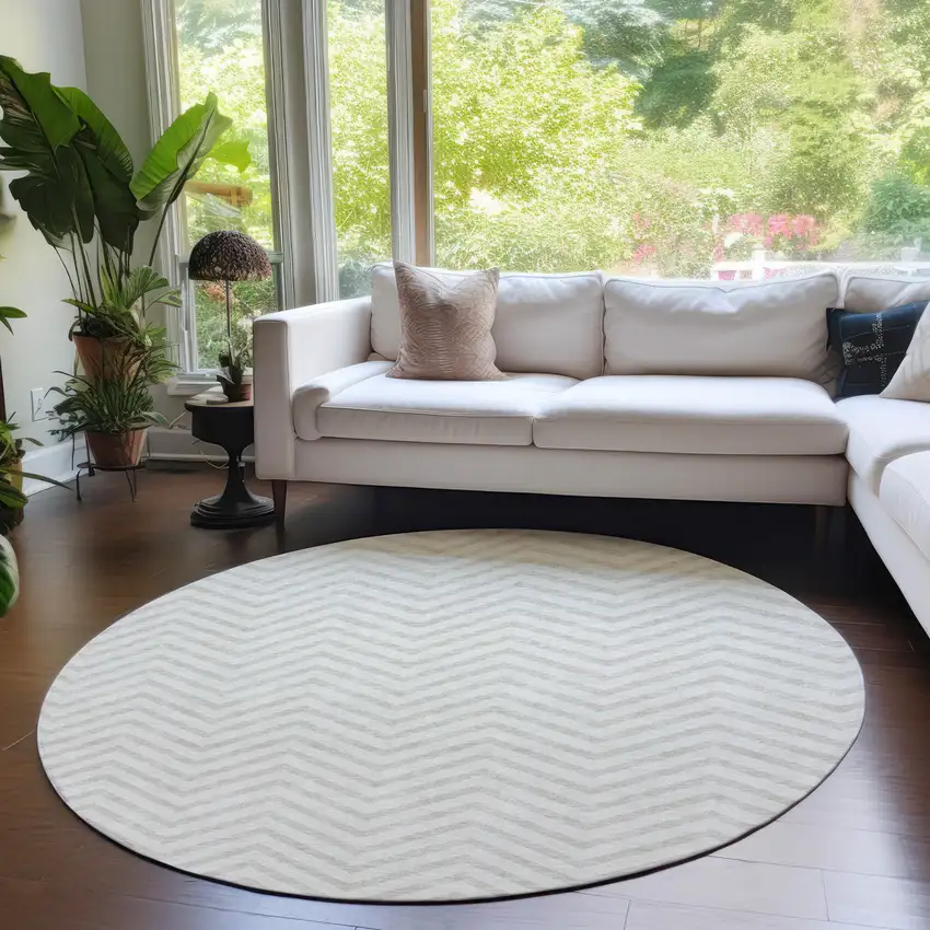 8' Ivory And Beige Round Chevron Washable Indoor Outdoor Area Rug Photo 7