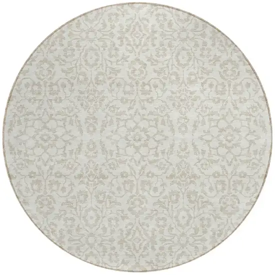 8' Ivory And Beige Round Damask Washable Indoor Outdoor Area Rug Photo 5