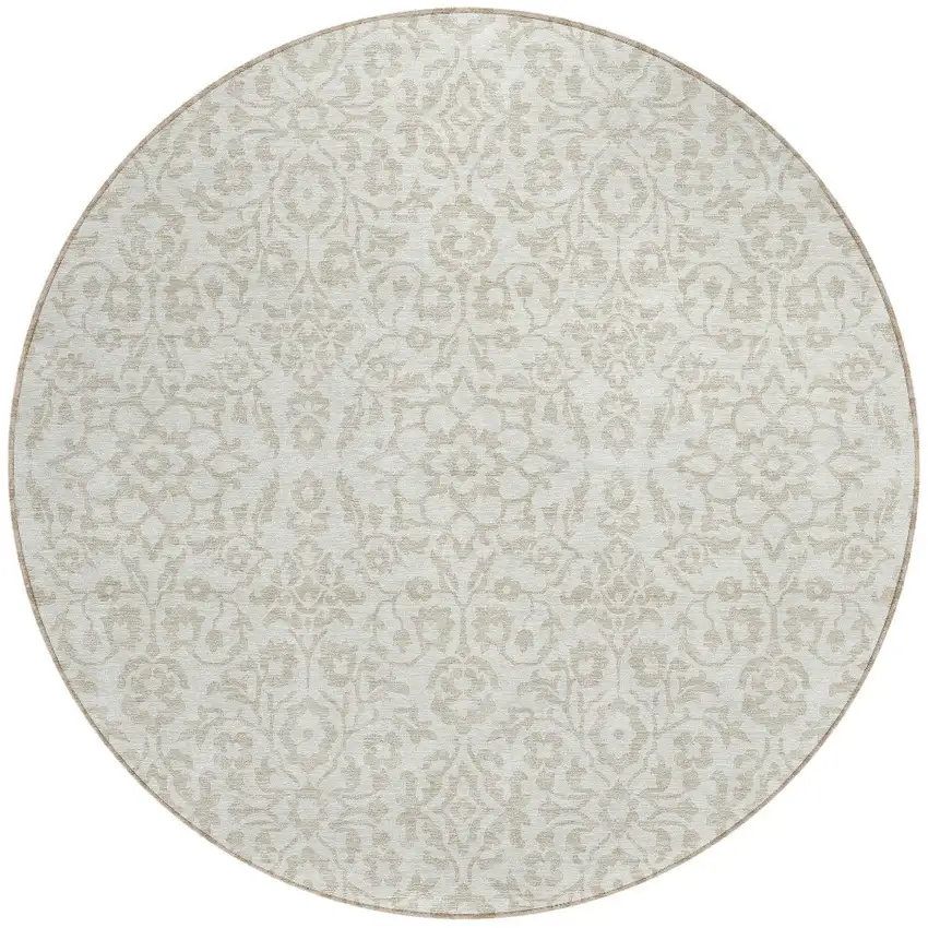 8' Ivory And Beige Round Damask Washable Indoor Outdoor Area Rug Photo 5