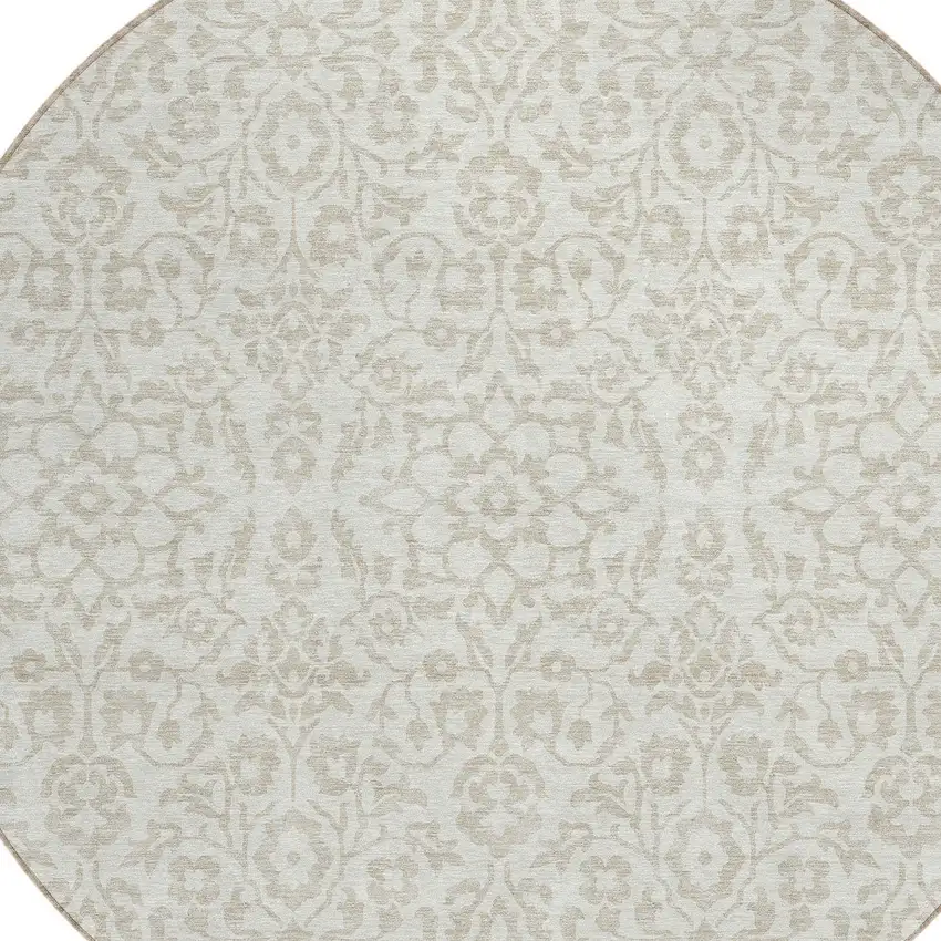 8' Ivory And Beige Round Damask Washable Indoor Outdoor Area Rug Photo 4