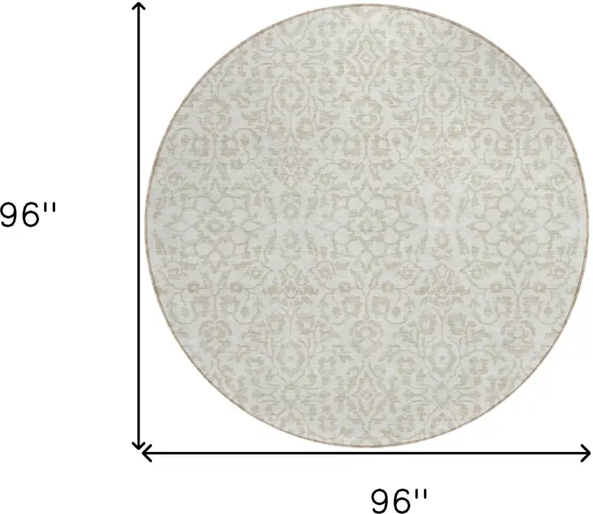 8' Ivory And Beige Round Damask Washable Indoor Outdoor Area Rug Photo 3