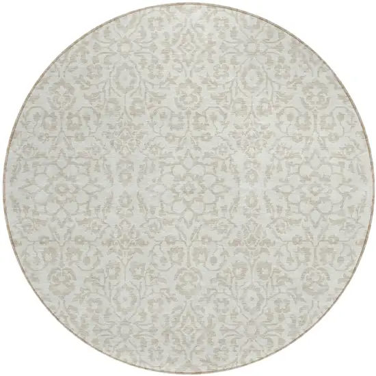 8' Ivory And Beige Round Damask Washable Indoor Outdoor Area Rug Photo 2