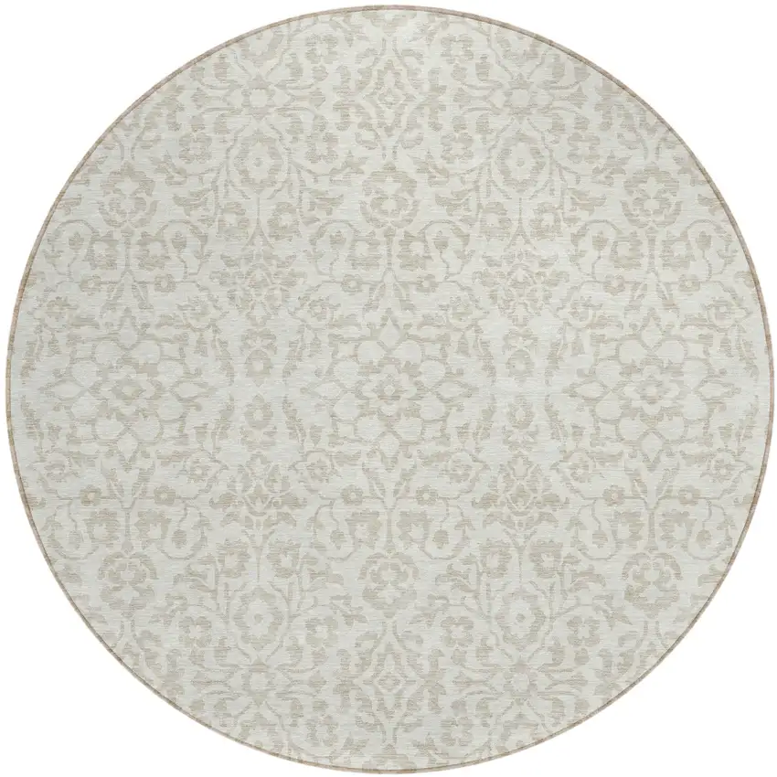 8' Ivory And Beige Round Damask Washable Indoor Outdoor Area Rug Photo 2