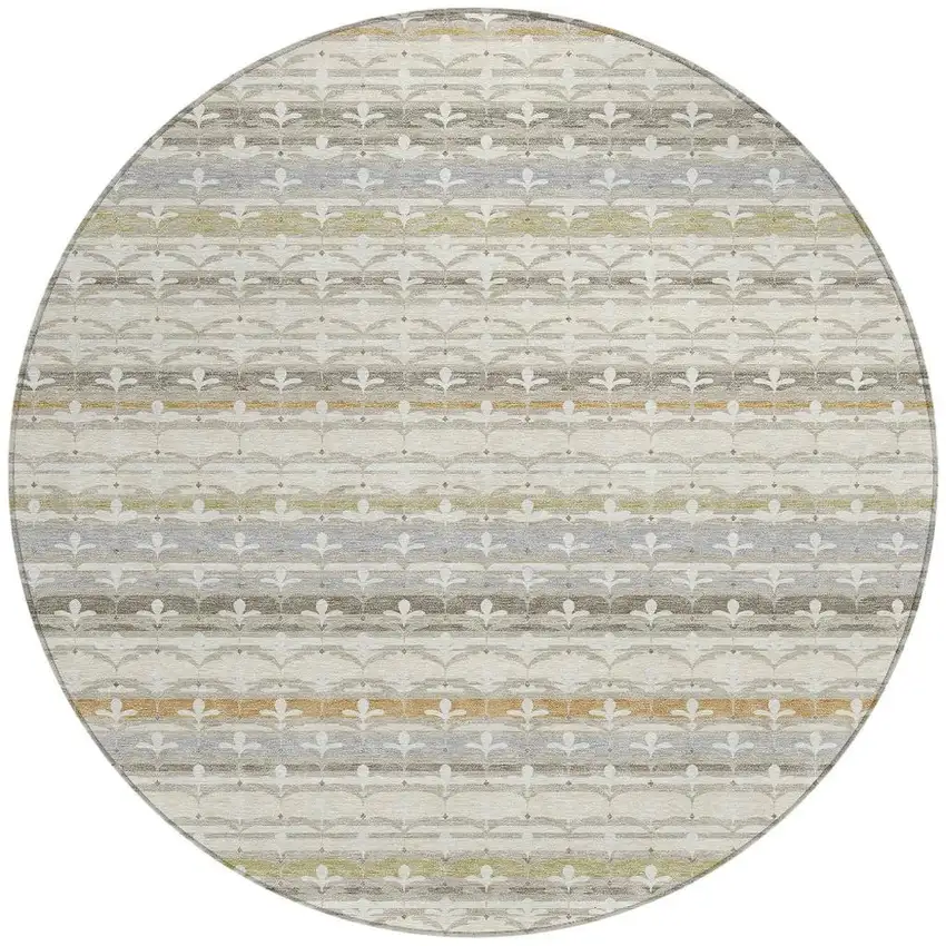 8' Ivory And Beige Round Damask Washable Indoor Outdoor Area Rug Photo 3