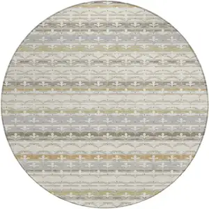 Photo of 8' Ivory And Beige Round Damask Washable Indoor Outdoor Area Rug