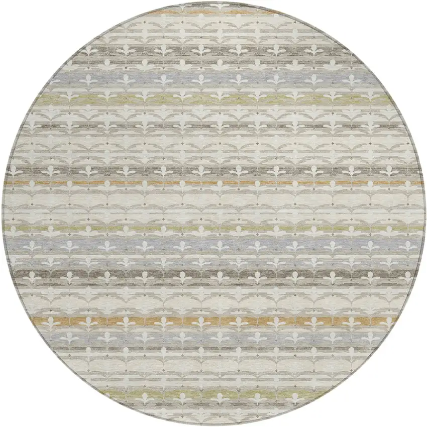 8' Ivory And Beige Round Damask Washable Indoor Outdoor Area Rug Photo 1