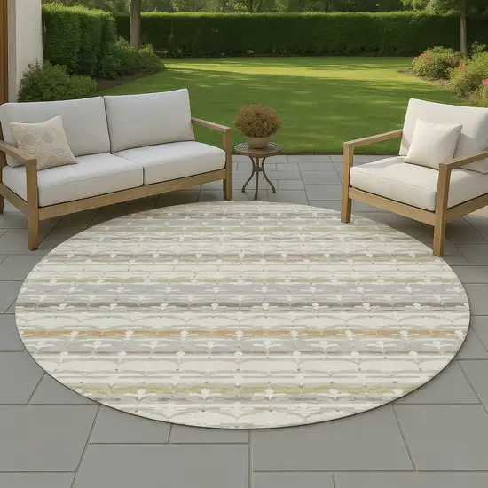 8' Ivory And Beige Round Damask Washable Indoor Outdoor Area Rug Photo 4