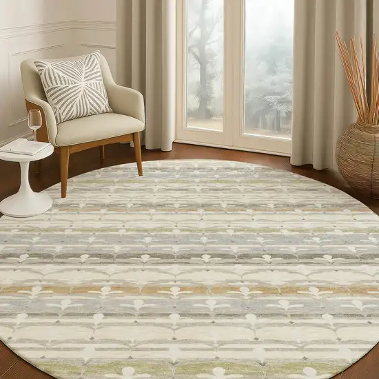 8' Ivory And Beige Round Damask Washable Indoor Outdoor Area Rug Photo 5
