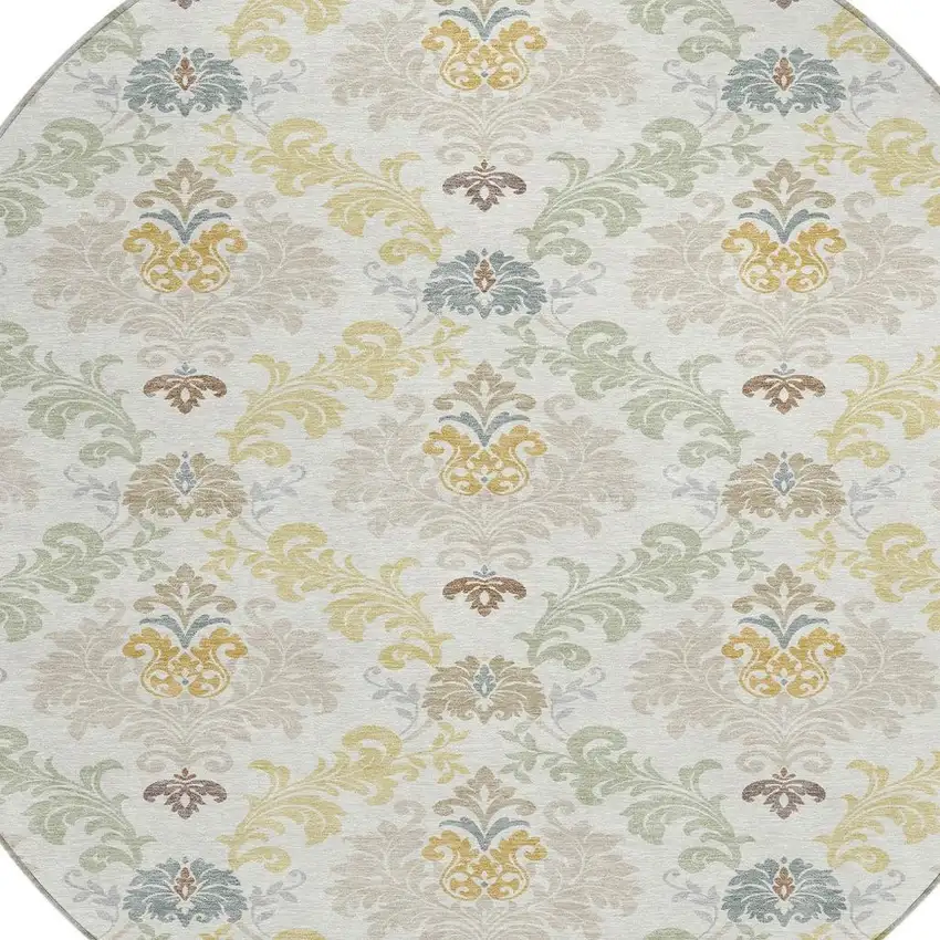 8' Ivory And Beige Round Damask Washable Indoor Outdoor Area Rug Photo 2