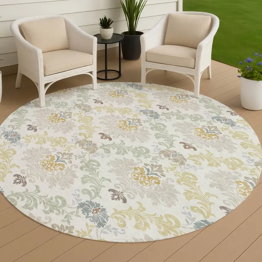 8' Ivory And Beige Round Damask Washable Indoor Outdoor Area Rug Photo 4