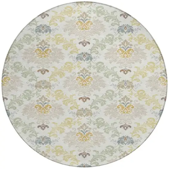 8' Ivory And Beige Round Damask Washable Indoor Outdoor Area Rug Photo 3