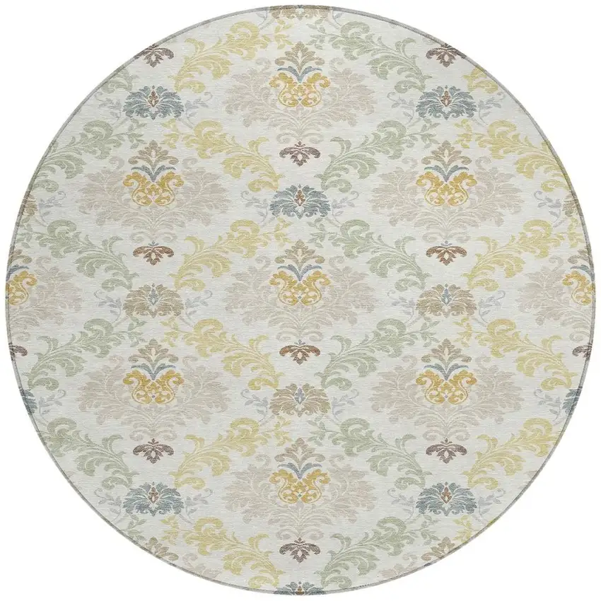 8' Ivory And Beige Round Damask Washable Indoor Outdoor Area Rug Photo 3