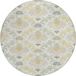 Photo of 8' Ivory And Beige Round Damask Washable Indoor Outdoor Area Rug