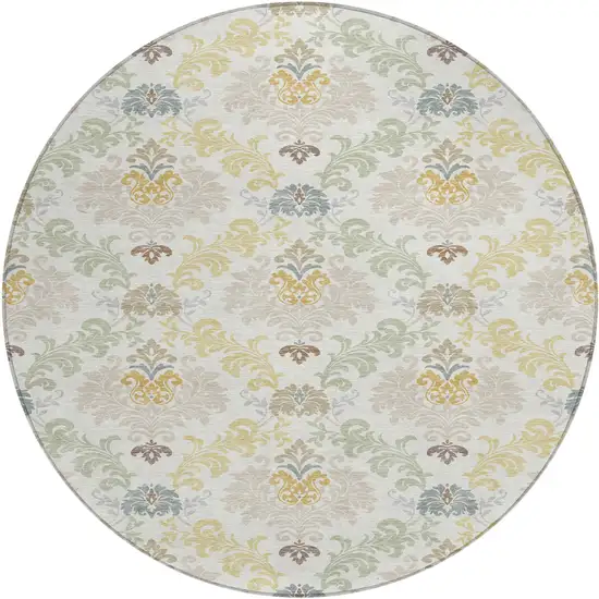 8' Ivory And Beige Round Damask Washable Indoor Outdoor Area Rug Photo 1