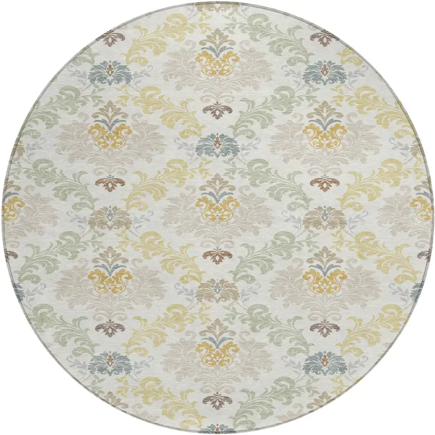8' Ivory And Beige Round Damask Washable Indoor Outdoor Area Rug Photo 1