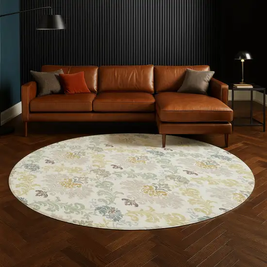 8' Ivory And Beige Round Damask Washable Indoor Outdoor Area Rug Photo 5