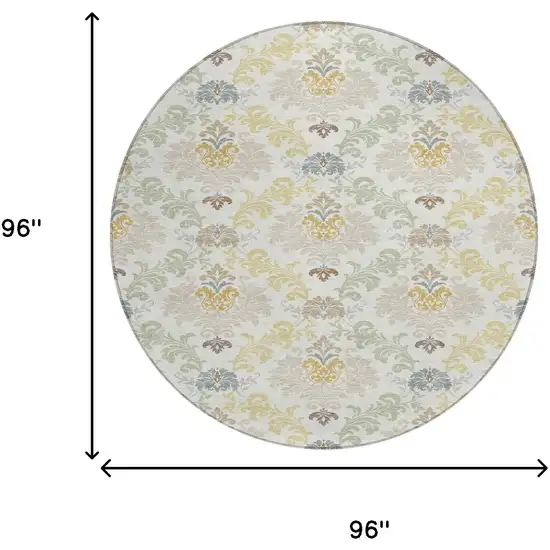 8' Ivory And Beige Round Damask Washable Indoor Outdoor Area Rug Photo 8