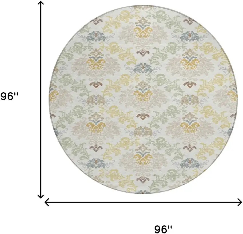 8' Ivory And Beige Round Damask Washable Indoor Outdoor Area Rug Photo 8