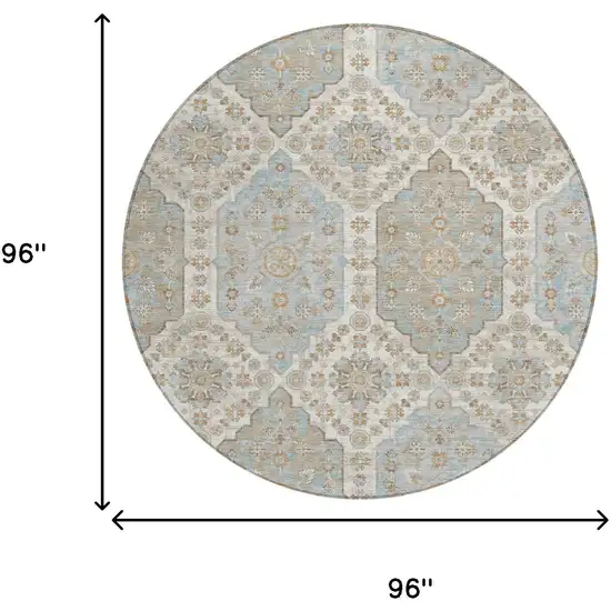 8' Ivory And Beige Round Damask Washable Indoor Outdoor Area Rug Photo 6