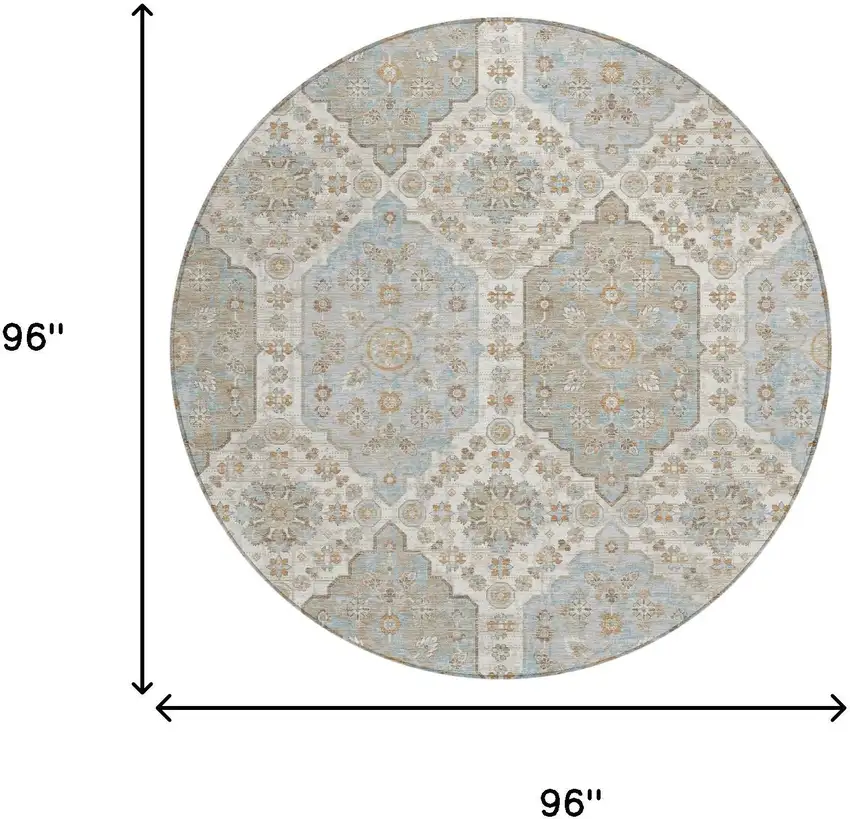 8' Ivory And Beige Round Damask Washable Indoor Outdoor Area Rug Photo 6