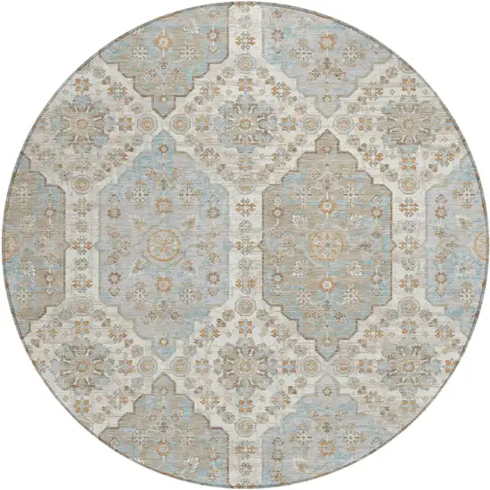 8' Ivory And Beige Round Damask Washable Indoor Outdoor Area Rug Photo 1