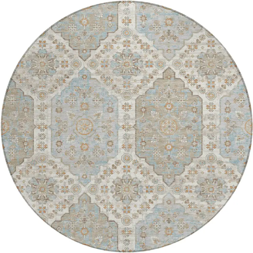 8' Ivory And Beige Round Damask Washable Indoor Outdoor Area Rug Photo 1