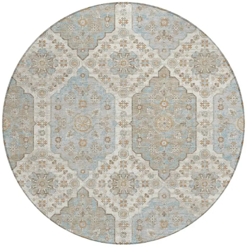 8' Ivory And Beige Round Damask Washable Indoor Outdoor Area Rug Photo 3