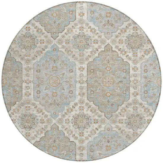 8' Ivory And Beige Round Damask Washable Indoor Outdoor Area Rug Photo 3