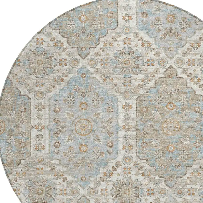 8' Ivory And Beige Round Damask Washable Indoor Outdoor Area Rug Photo 2