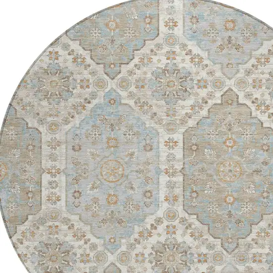 8' Ivory And Beige Round Damask Washable Indoor Outdoor Area Rug Photo 2