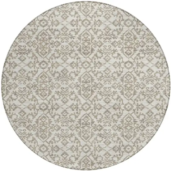 8' Ivory And Beige Round Damask Washable Indoor Outdoor Area Rug Photo 2